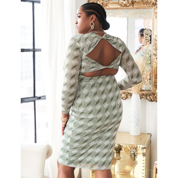 Eloquii Mesh Printed V Neck Twist Open Back Midi Dress Size 18 NWT Green Cream - Picture 12 of 12